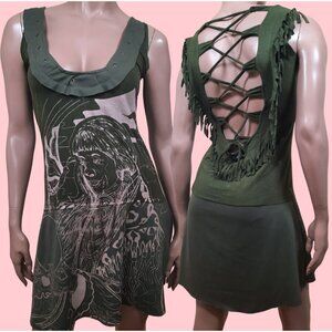 Y2K Boho Fringed Mini Dress Size S Lace Up Grommets Sleeveless Festival Hippie